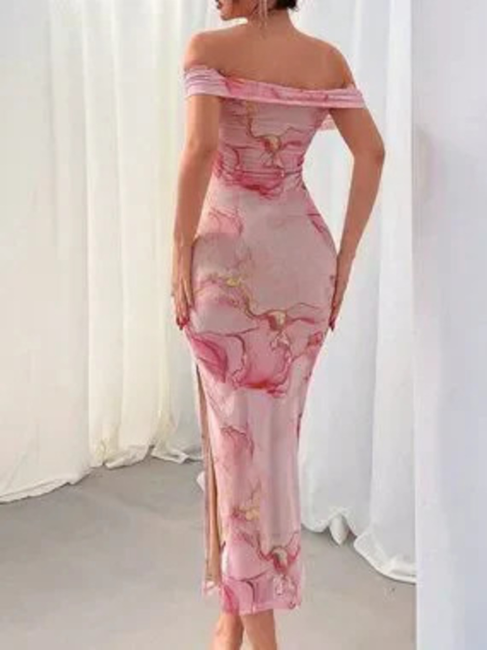 Pink Boho Women's Valentine's Day Floral Print Off-Shoulder Mesh Maxi Dress